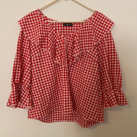NEW SHEIN Plus Red Ruffle Trim Plaid Top 1XL - Picture 4 of 7
